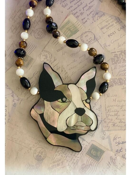 Lee Sands Jewelry - Vintage Lee Sands Inlaid Shell French Bulldog / Boston Terrier Beaded Necklace